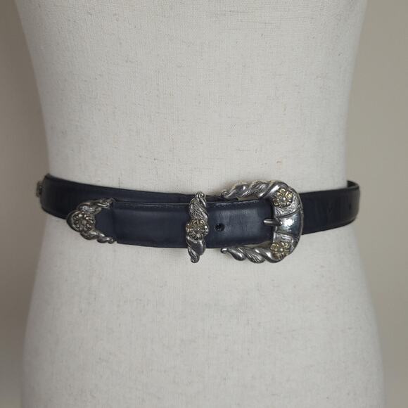 VTG 3D DDD Belt Small Black Leather Floral Ornate Engraved Cowgirl Western Rodeo main image 5